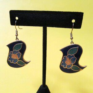 Vintage Cloisonne Earrings pierced dangle drop gold tone royal blue